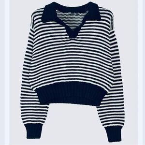 Embossed Striped Split V Neck Knit Sweater in Navy and White L